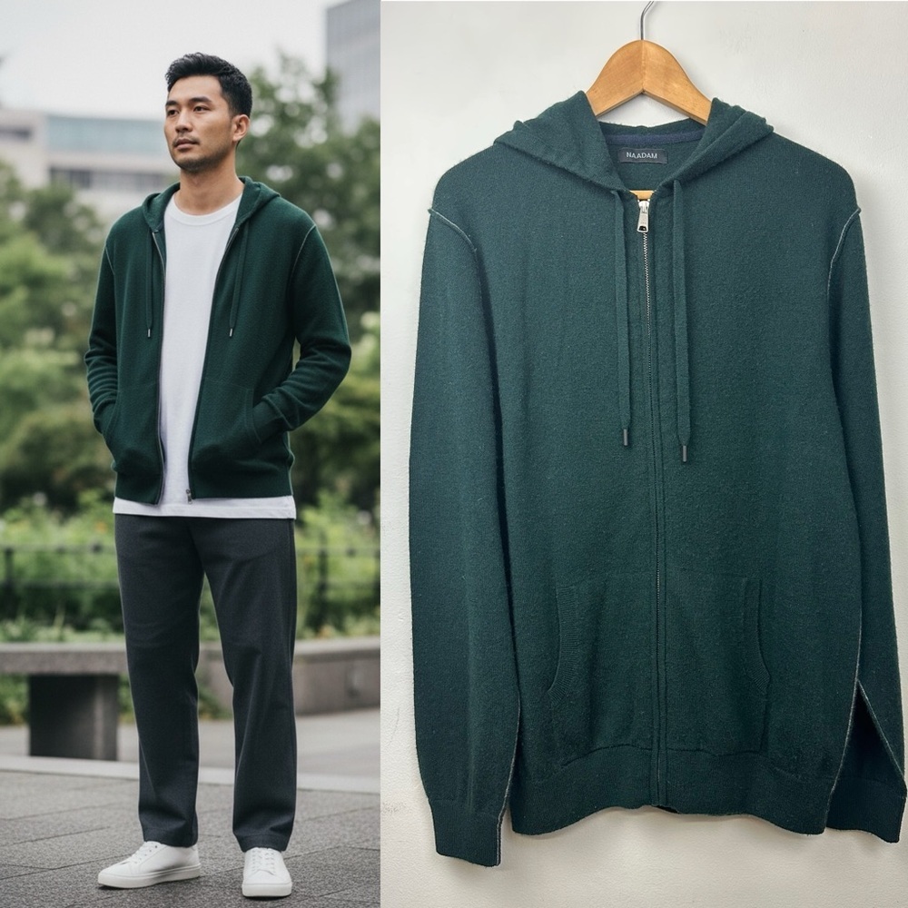 NAADAM Wool/ Cashmere Full-Zip Hoodie With Contrast Tipping Forest Green Sz L